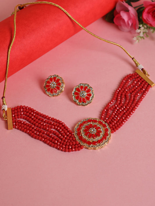 Women Red & White Kundan-Studded & Beaded Handcrafted Jewellery Set - Jazzandsizzle