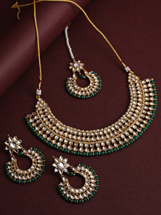 Gold-Plated Green & White Kundan-Studded Choker Jewellery Set - Jazzandsizzle