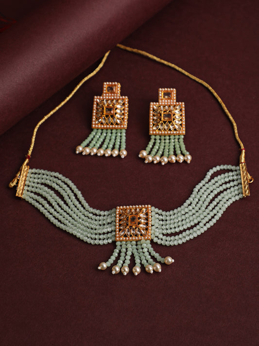 Gold-Plated & Pastel Green Kundan Crystal Beads Jewellery Set - Jazzandsizzle