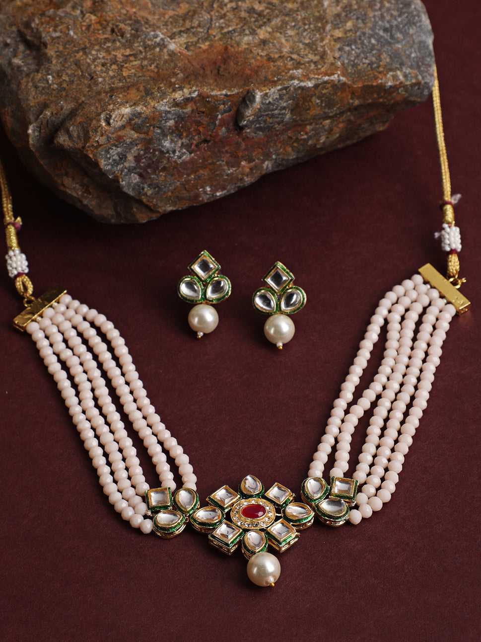 Gold-Plated PeachPink & Green Kundan-Studded & Beaded Handcrafted Jewellery Set - Jazzandsizzle