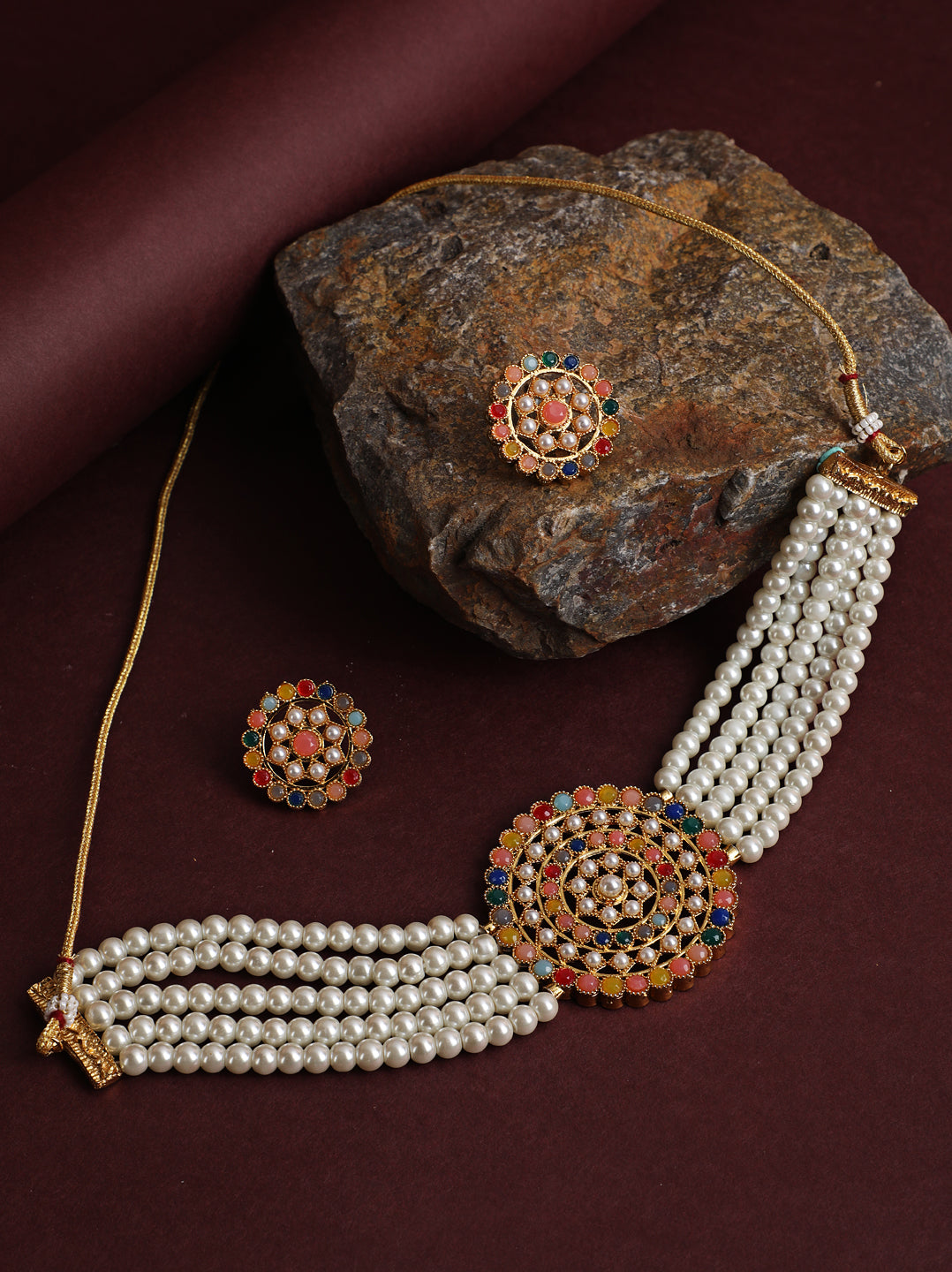 Gold-Plated White & Green Pearl-Studded Choker Jewellery Set - Jazzandsizzle