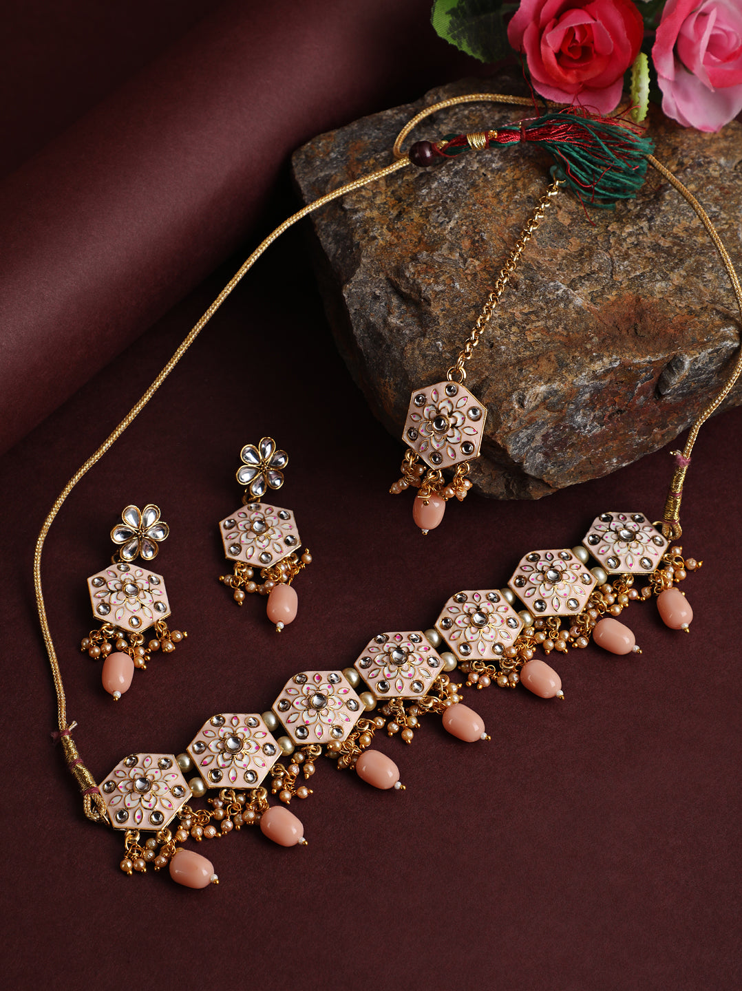 Gold-Plated Peach & Pink Meenakari Jewellery Set with Maangtika - Jazzandsizzle