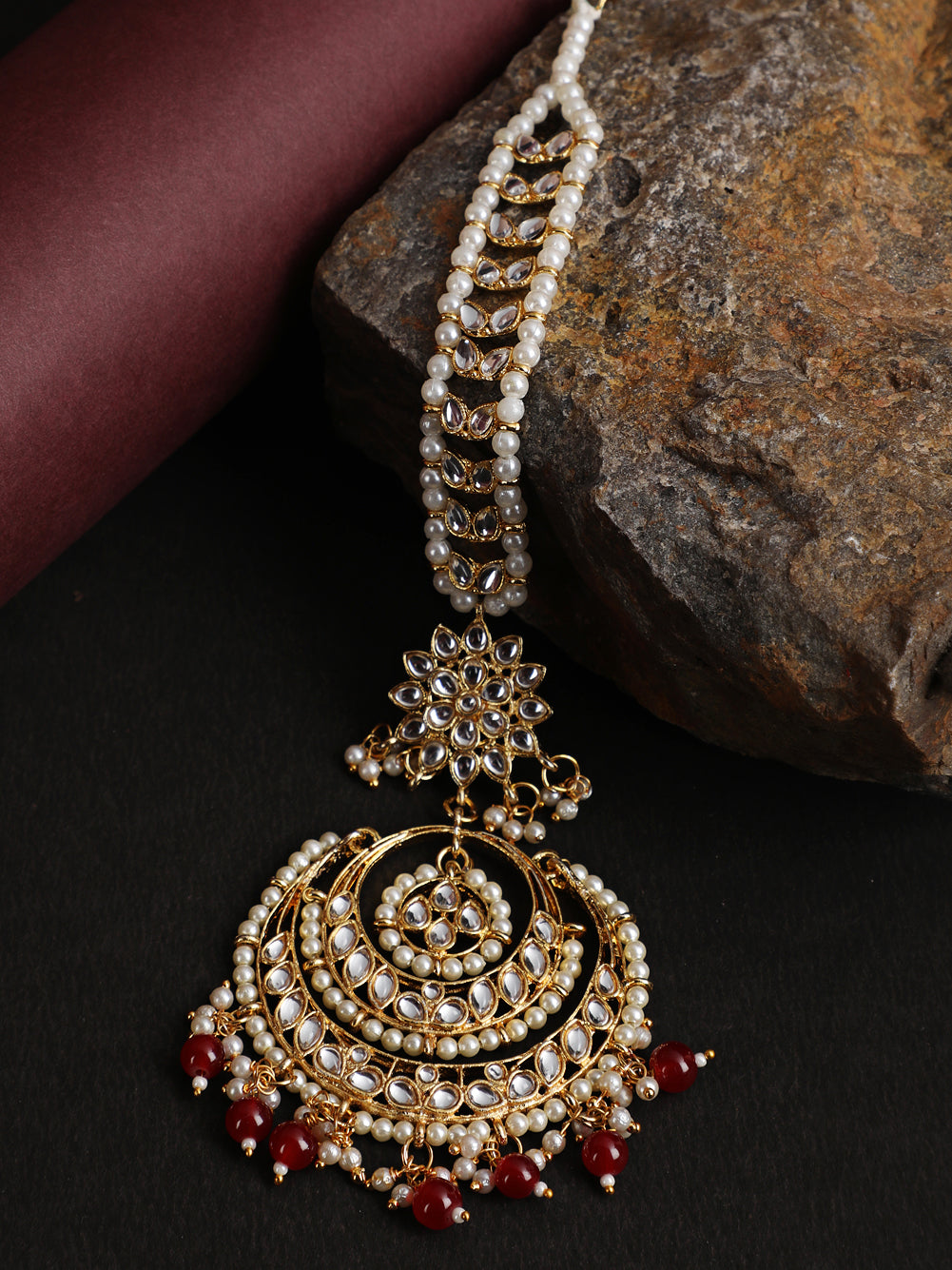 Gold-Toned Mahroon & White Kundan stone studded & Pearls Traditional Maangtikka - Jazzandsizzle