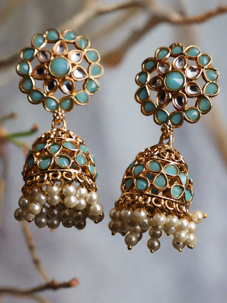 Flora Shaped Gold-Plated Stone Studded & Beaded Jhumka Earrings - Jazzandsizzle
