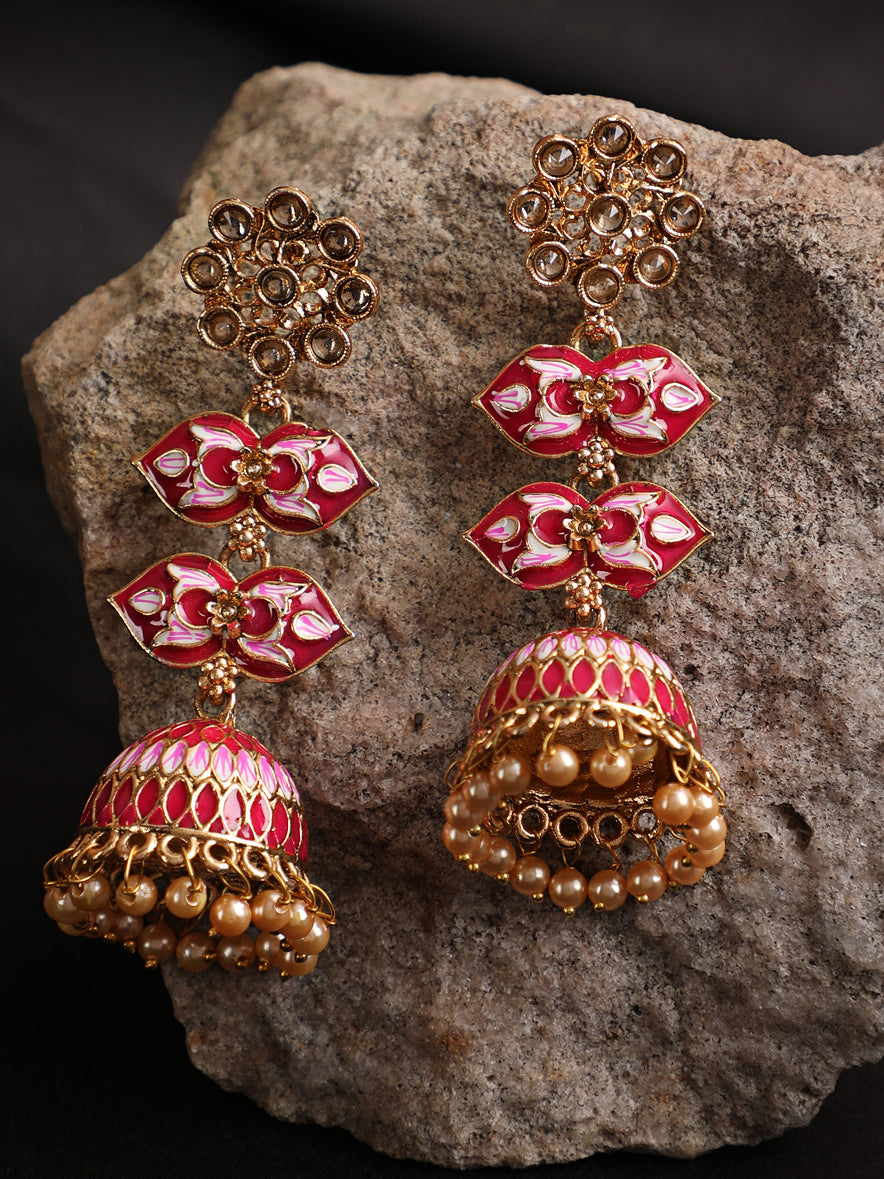 Red & Pink Meenakari Enamel Dome shaped Long Jhumka Earrings