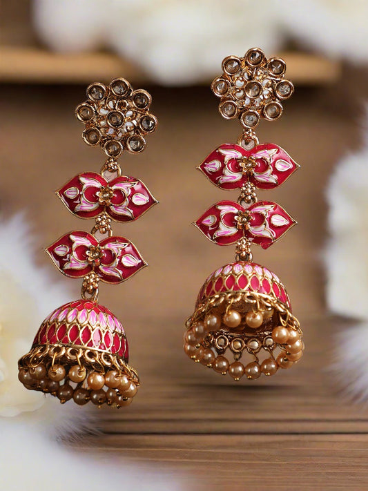 Gold Plated Floral Shaped Dome Pink & White Minakari Drop Earrings - Jazzandsizzle