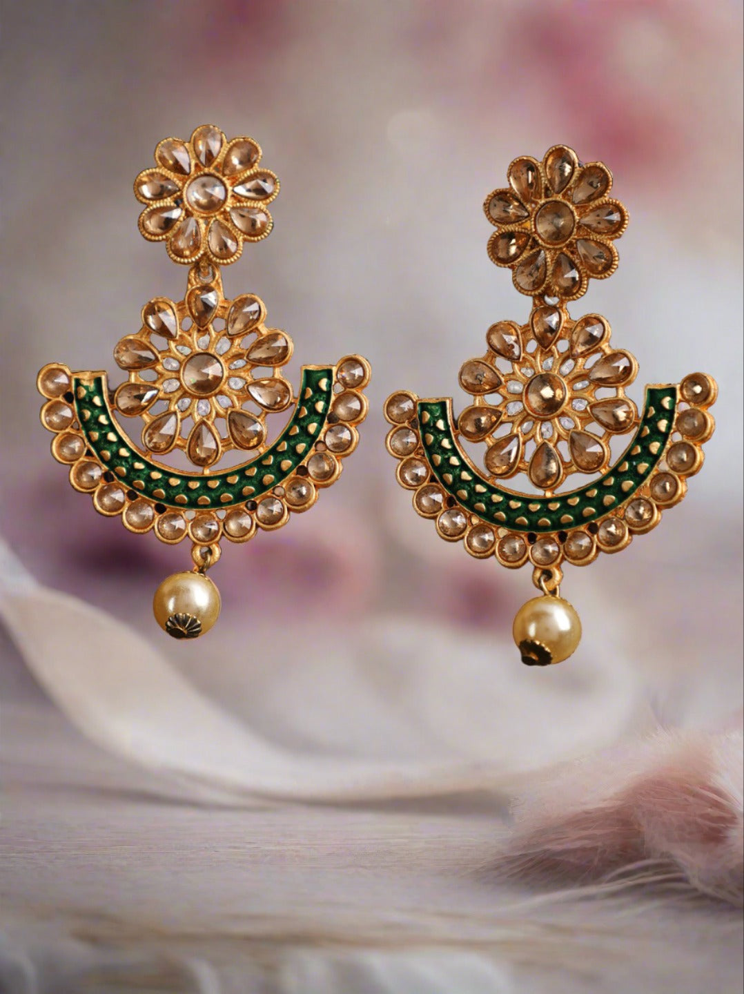 Jazz And Sizzle Floral Dome Shaped Gold- Plated Green Pearl Drop Chand Bali Earrings - Jazzandsizzle