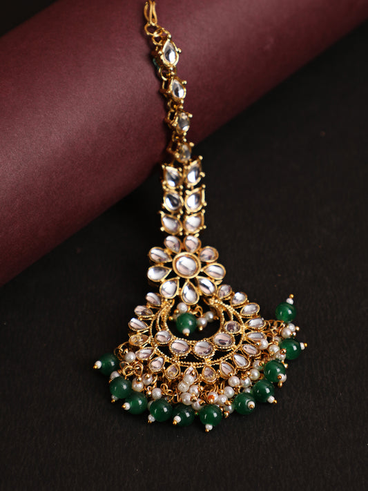 Gold-Toned Green & White Kundan stone studded & Pearls Traditional Maangtikka - Jazzandsizzle