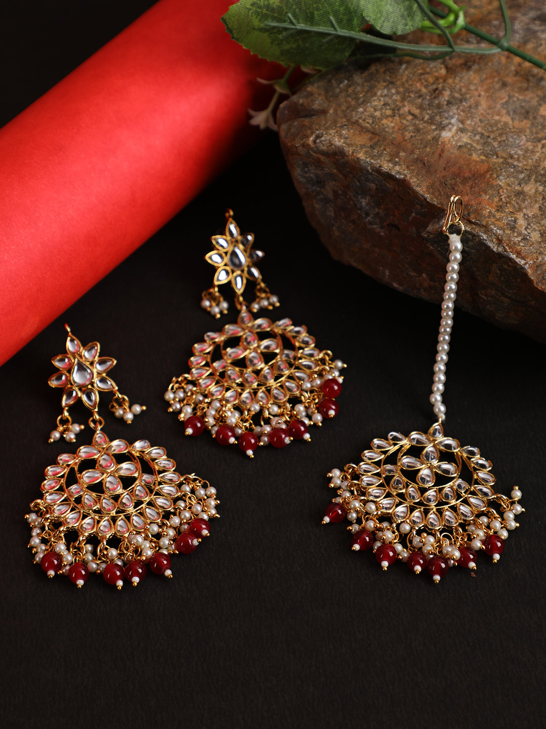 Gold-Toned Mahroon & White Kundan stone studded & Pearls Maangtikka & Earring Set - Jazzandsizzle