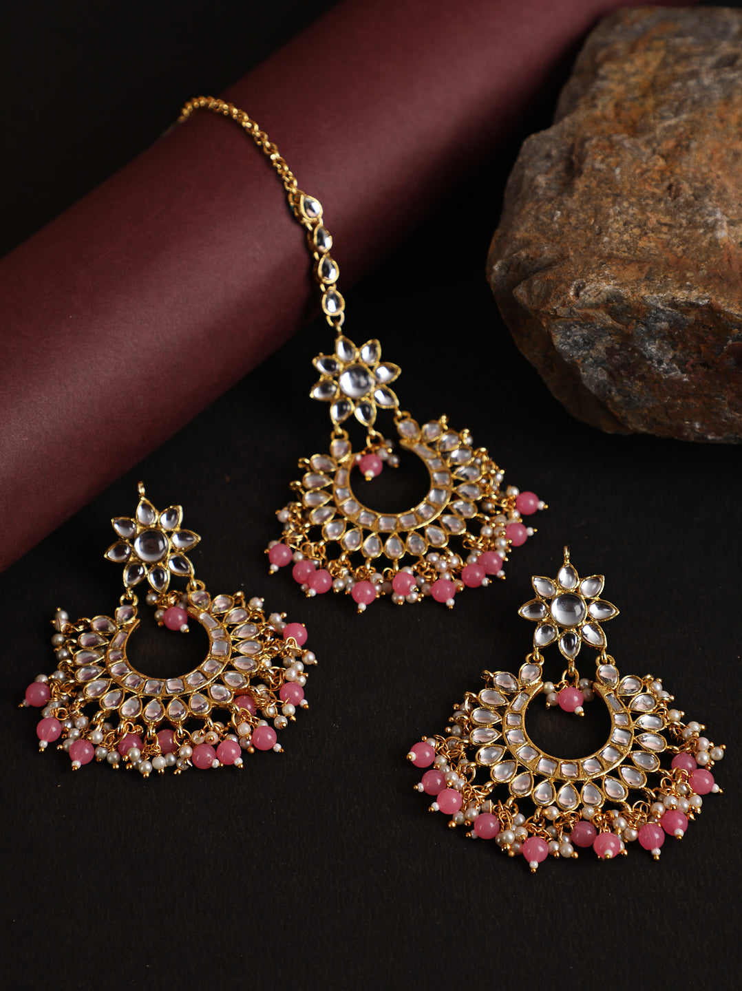 Gold-Toned white Kundan studded & Pink Pearls Maangtikka & Earring Set - Jazzandsizzle