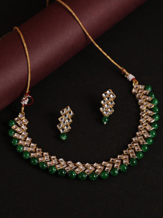 Gold Toned Kundan & Green Beads Jewellery Set - Jazzandsizzle