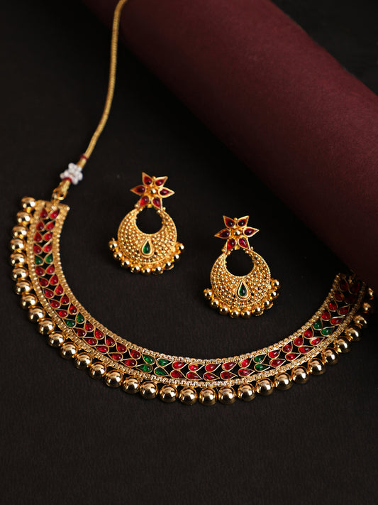 Gold-Plated Red & Green Stone Studded Handcrafted Jewellery Set - Jazzandsizzle