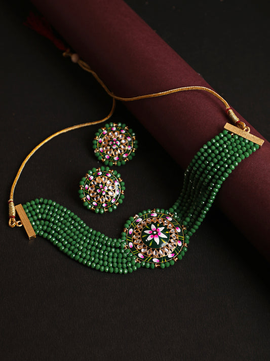 Women Green & Pink Kundan-Studded & Beaded Handcrafted Meenakari Jewellery Set - Jazzandsizzle