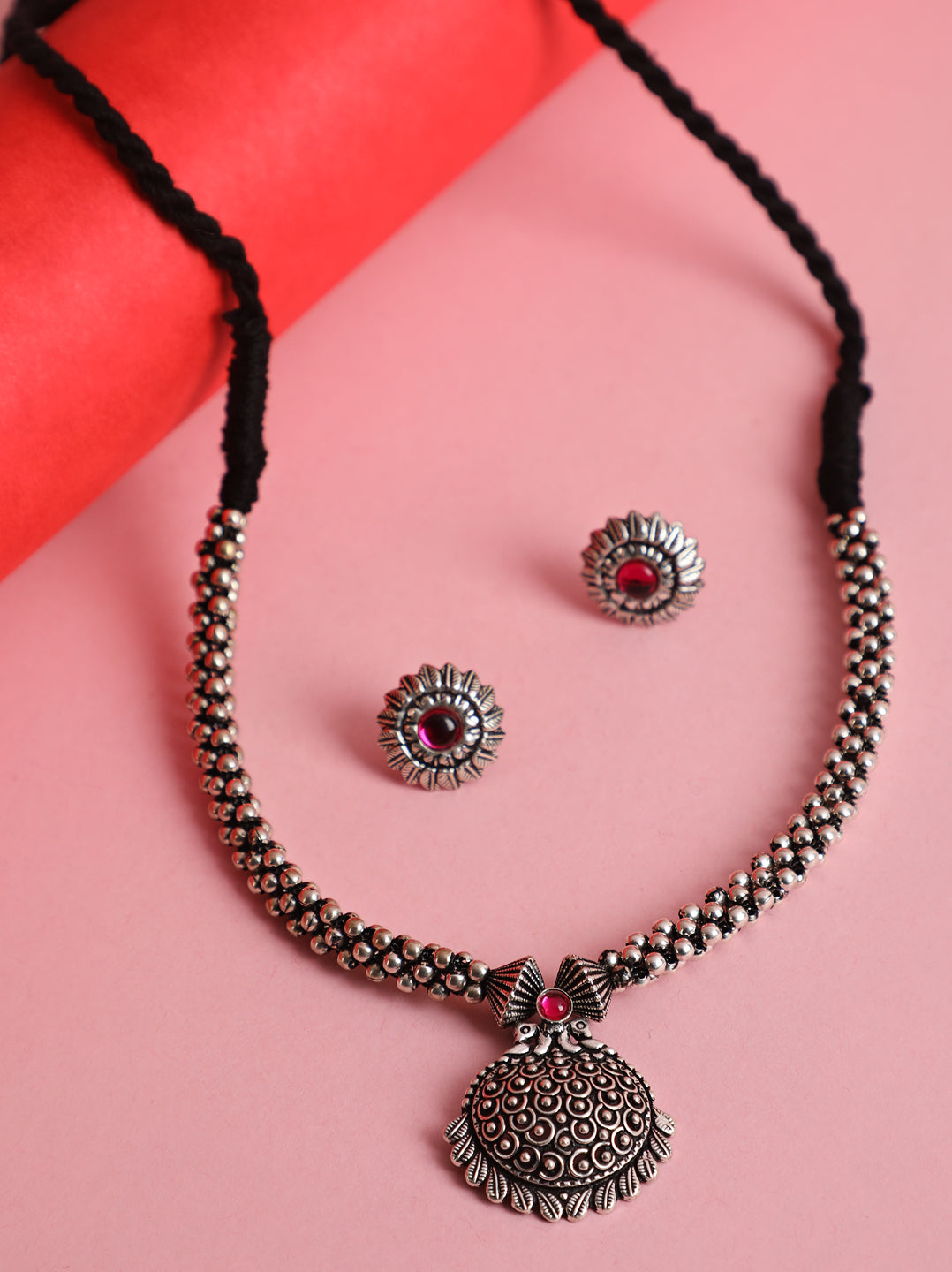 Silver-Toned Oxidized Pink stone studded Peacock Jewellery Set - Jazzandsizzle