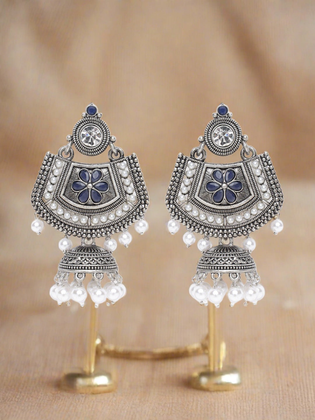 Blue Kundan & White Pearl Beaded Floral Ethnic Jhumka Drop Earrings - Jazzandsizzle