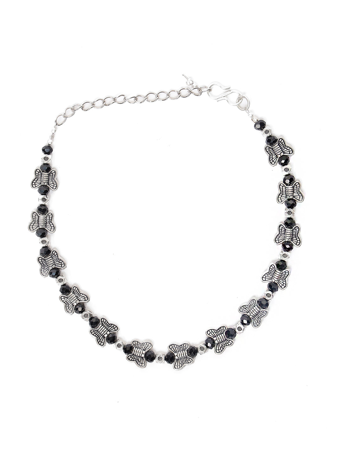 Set of 2 Silver-Plated & Black Beaded Handcrafted Butterfly Anklet - Jazzandsizzle