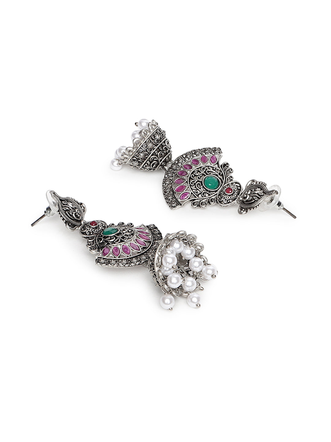 Pink Oxidized Silver-Plated Dome Shaped Jhumkas - Jazzandsizzle