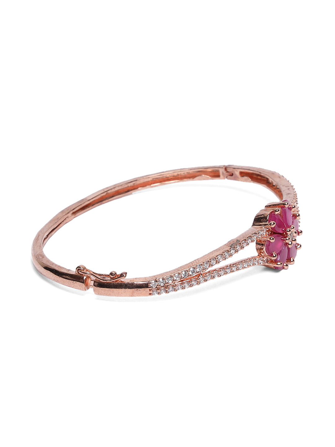 Rose Gold-Plated American Diamond and Ruby Studded Floral Patterned Bracelet - Jazzandsizzle