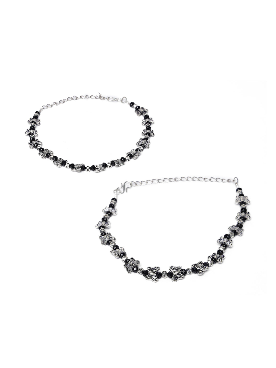 Set of 2 Silver-Plated & Black Beaded Handcrafted Butterfly Anklet - Jazzandsizzle