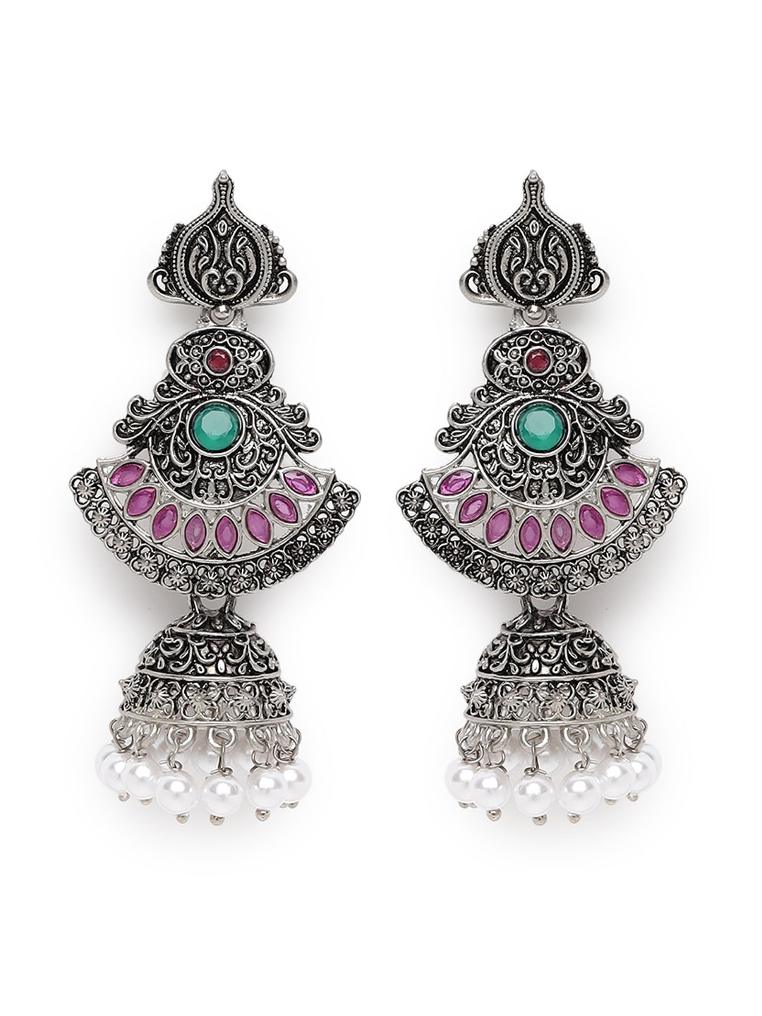 Pink Oxidized Silver-Plated Dome Shaped Jhumkas