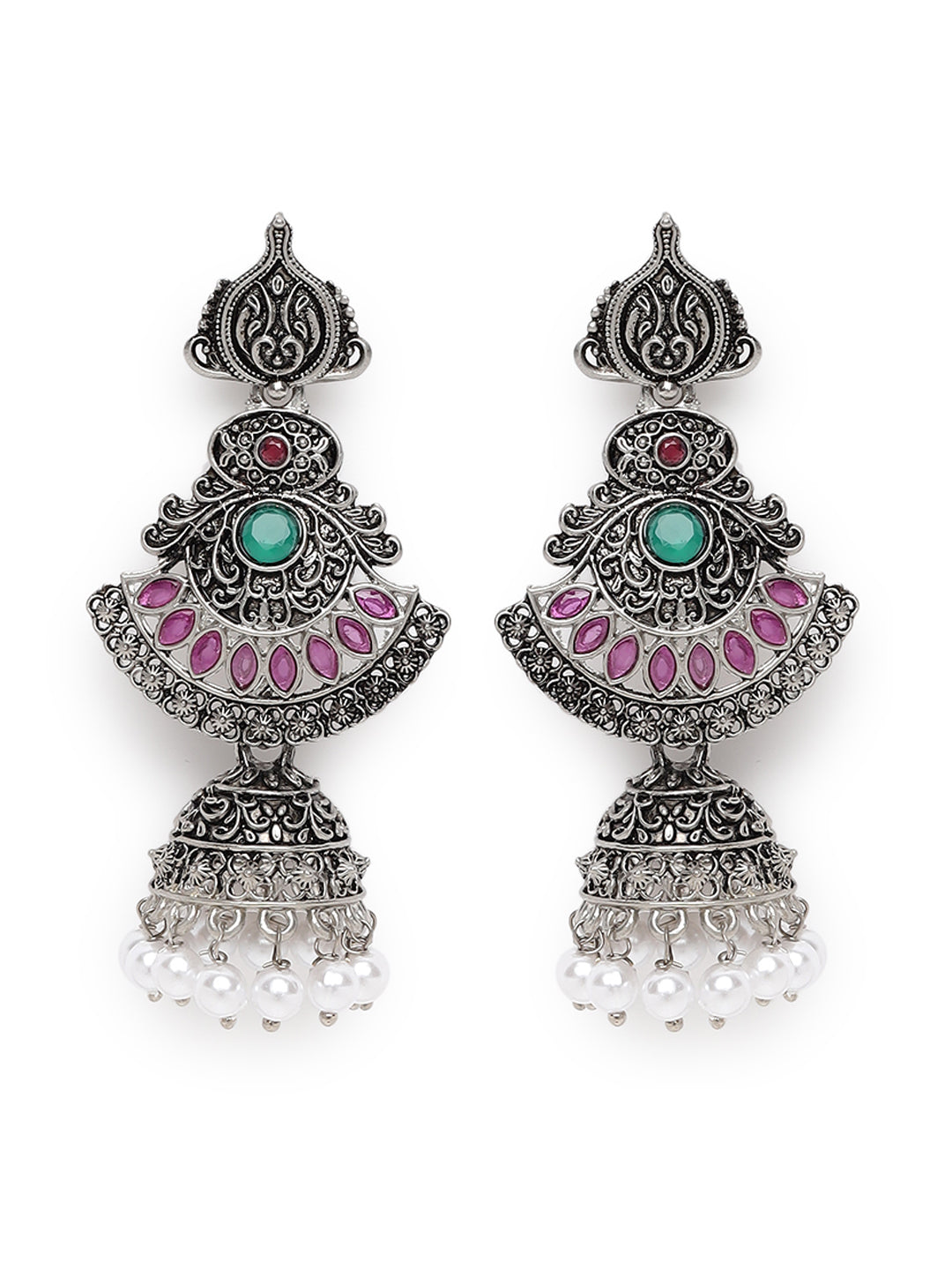 Pink Oxidized Silver-Plated Dome Shaped Jhumkas - Jazzandsizzle