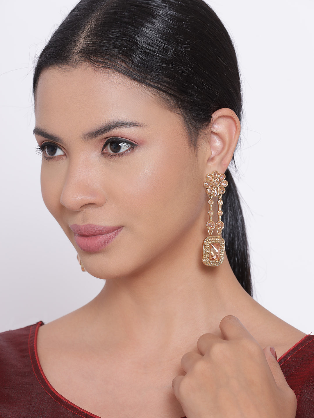 Gold-Plated Kundan Studded Contemporary Floral pattern Drop Earrings - Jazzandsizzle