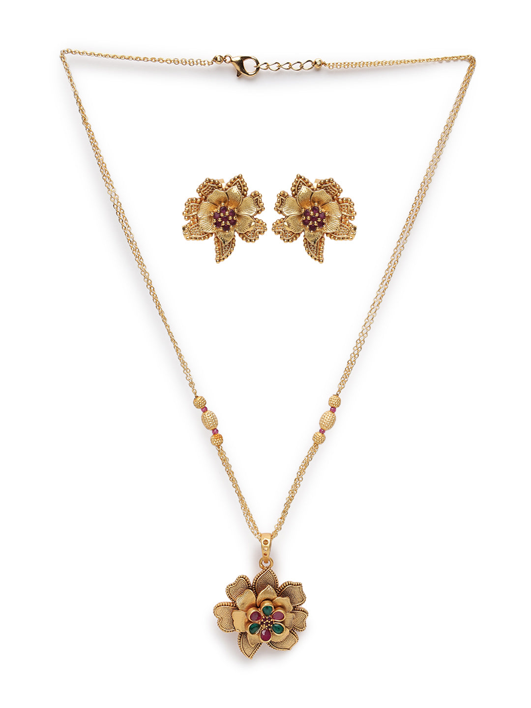 Gold-Plated Maroon & Red Studded Handcrafted Floral Jewellery Set - Jazzandsizzle