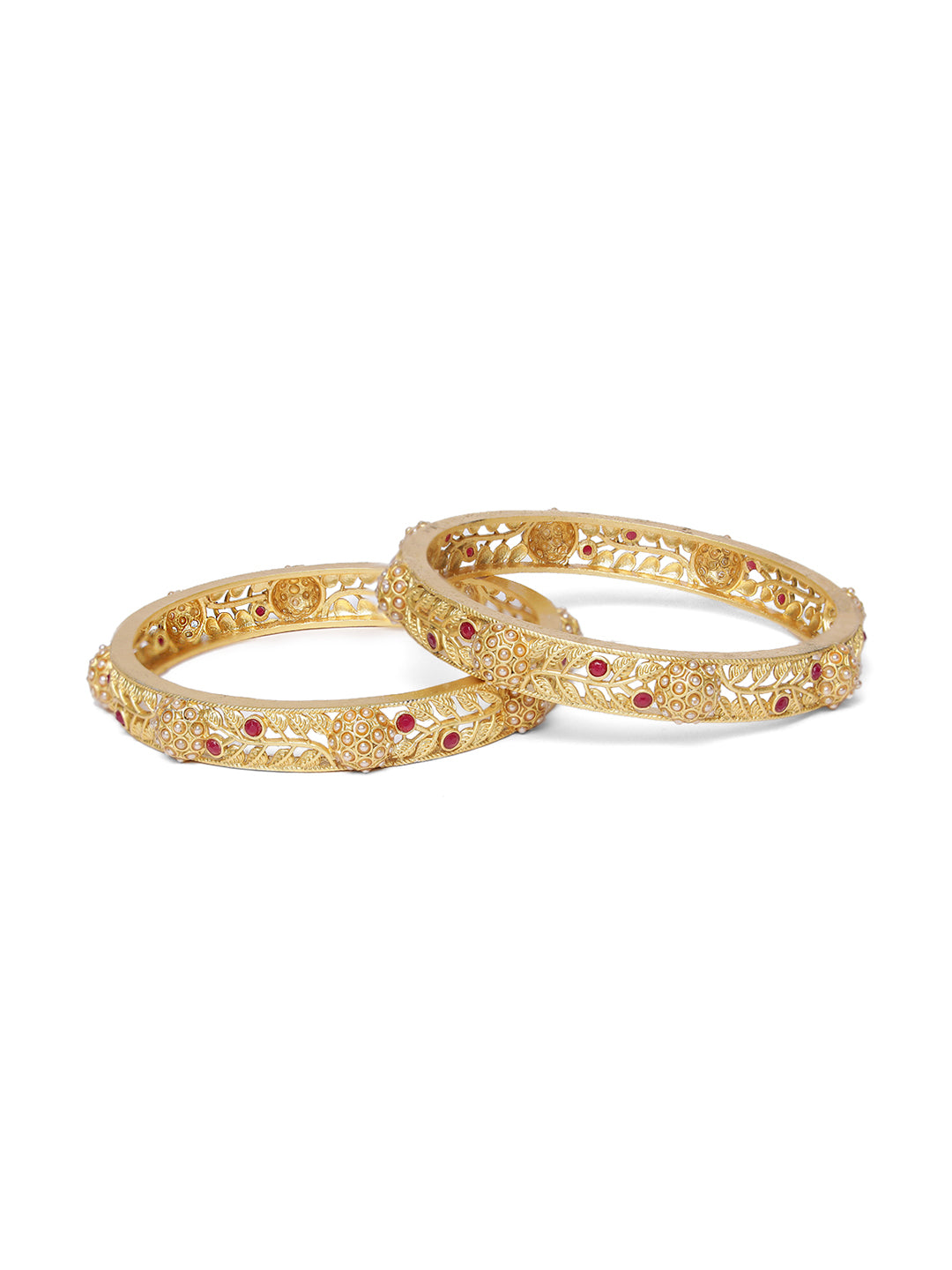 Set of 2 Gold-Plated Ruby studded Leaf Pattern Bangles - Jazzandsizzle