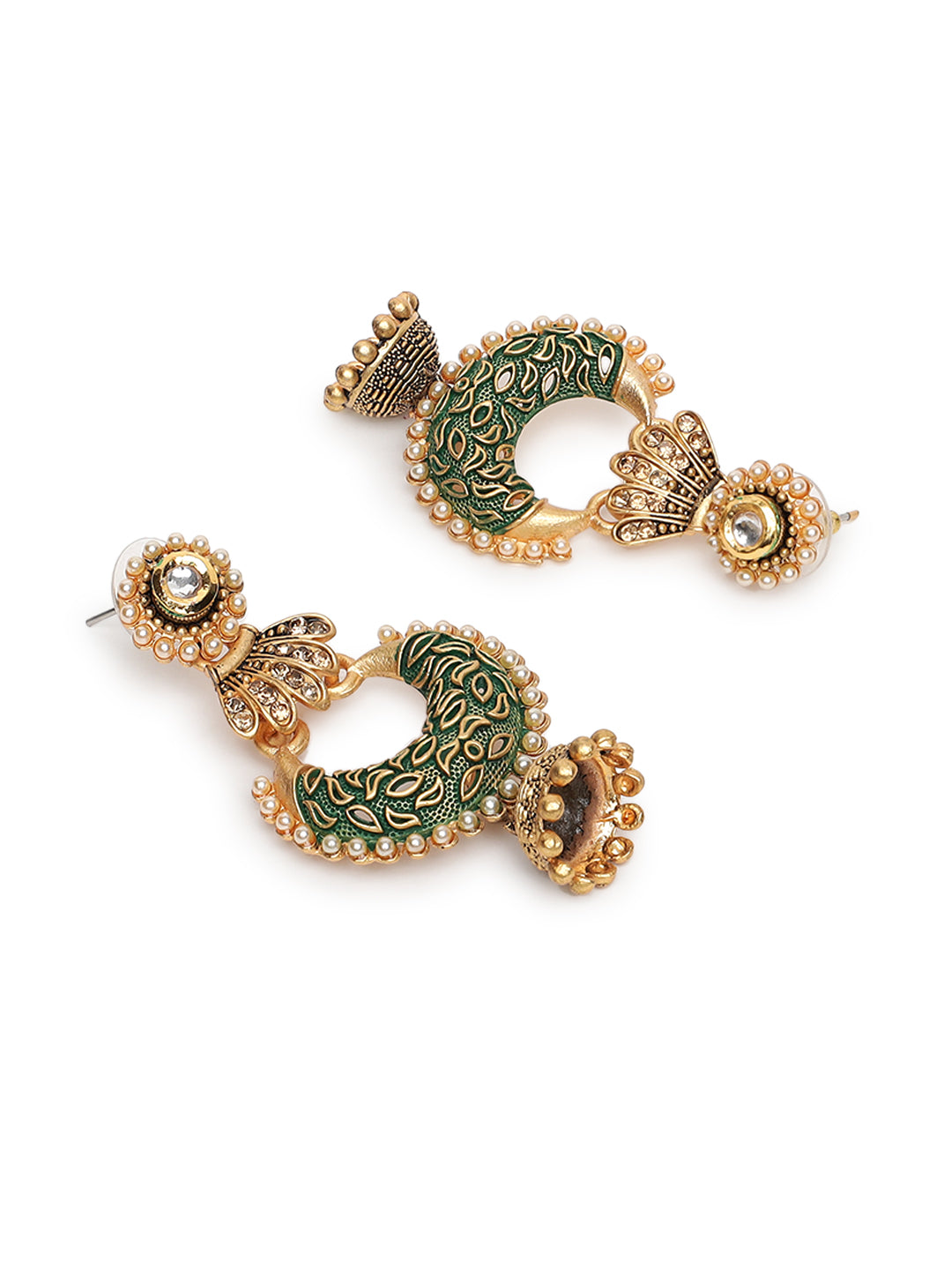 Green & Gold-Toned Dome Shaped Jhumka Earrings - Jazzandsizzle
