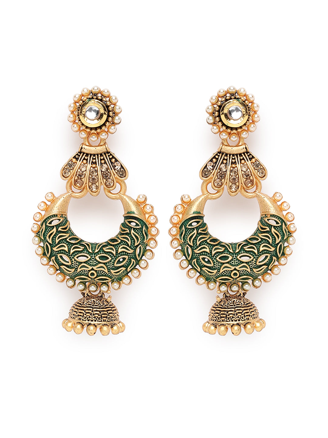 Green & Gold-Toned Dome Shaped Jhumka Earrings - Jazzandsizzle