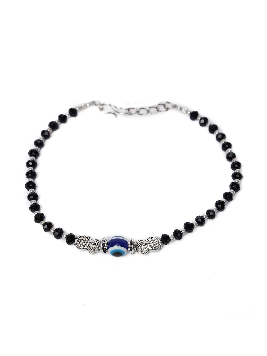 Silver-Plated & Black Beaded Handcrafted Owl & Evil Eye Anklet - Jazzandsizzle