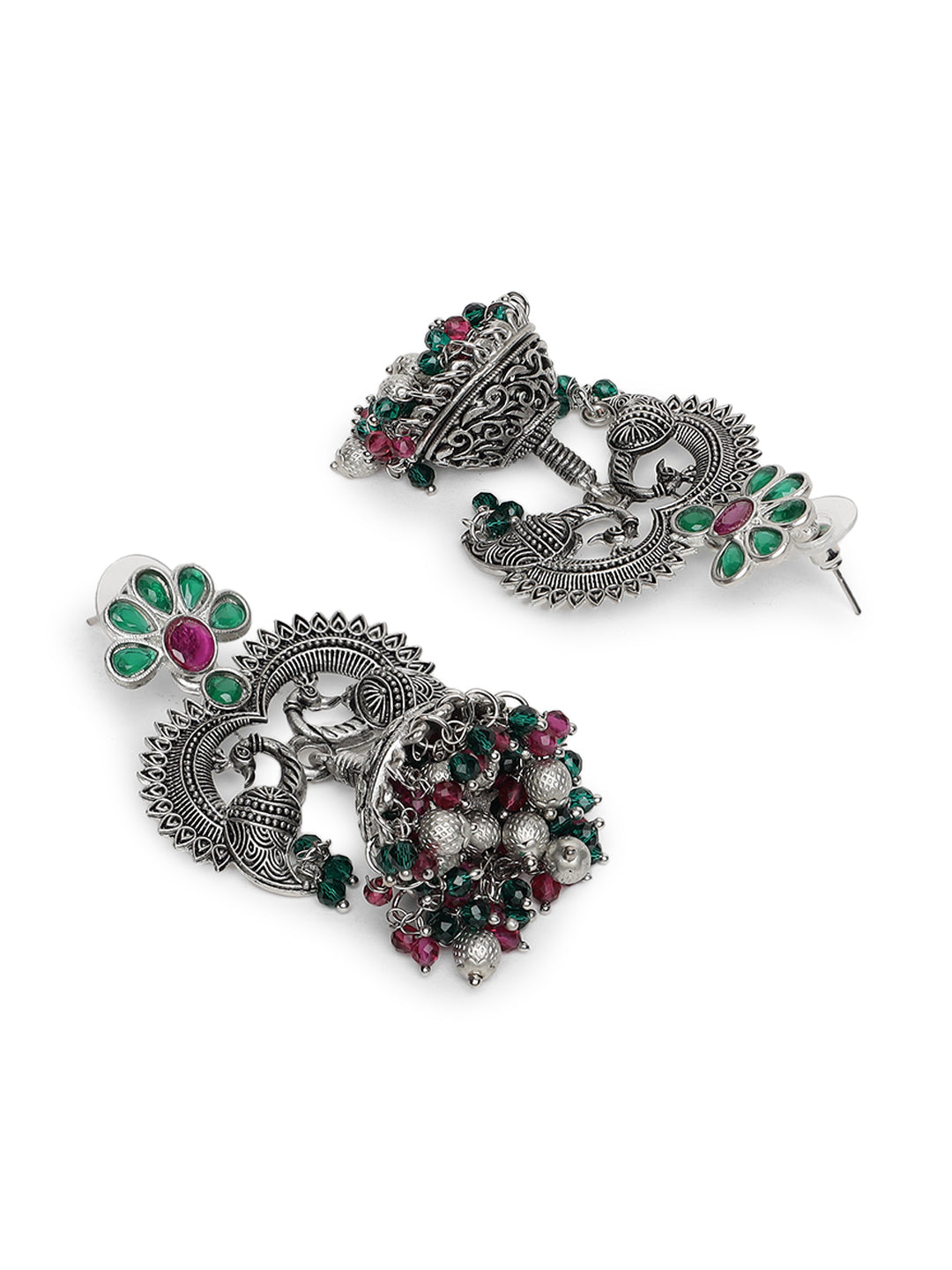 Pink & Green Stone Studded & Silver-Plated Peacock Shaped Beaded Jhumkas - Jazzandsizzle