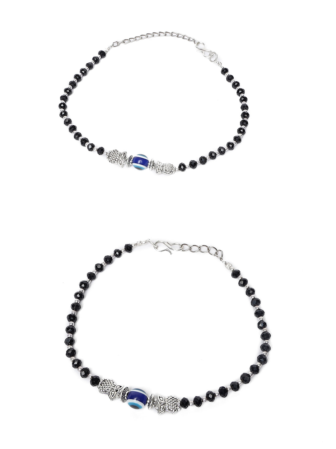 Silver-Plated & Black Beaded Handcrafted Owl & Evil Eye Anklet - Jazzandsizzle