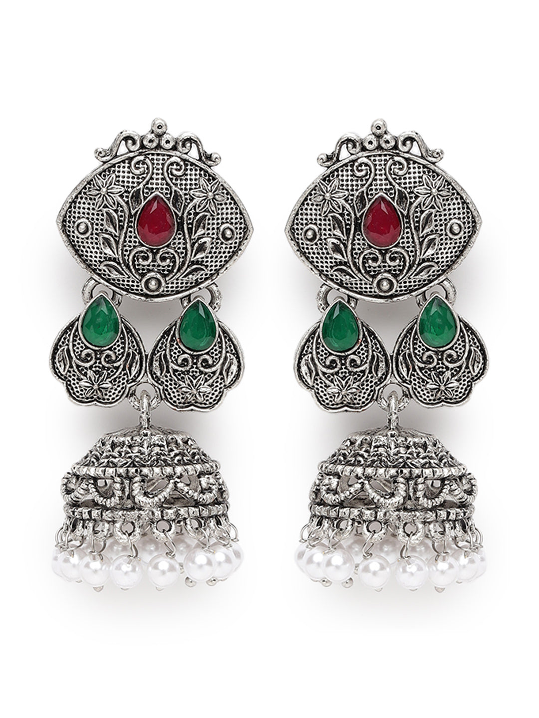 Silver-Toned Ruby & Green Oxidised Classic Drop Jhumka Earrings