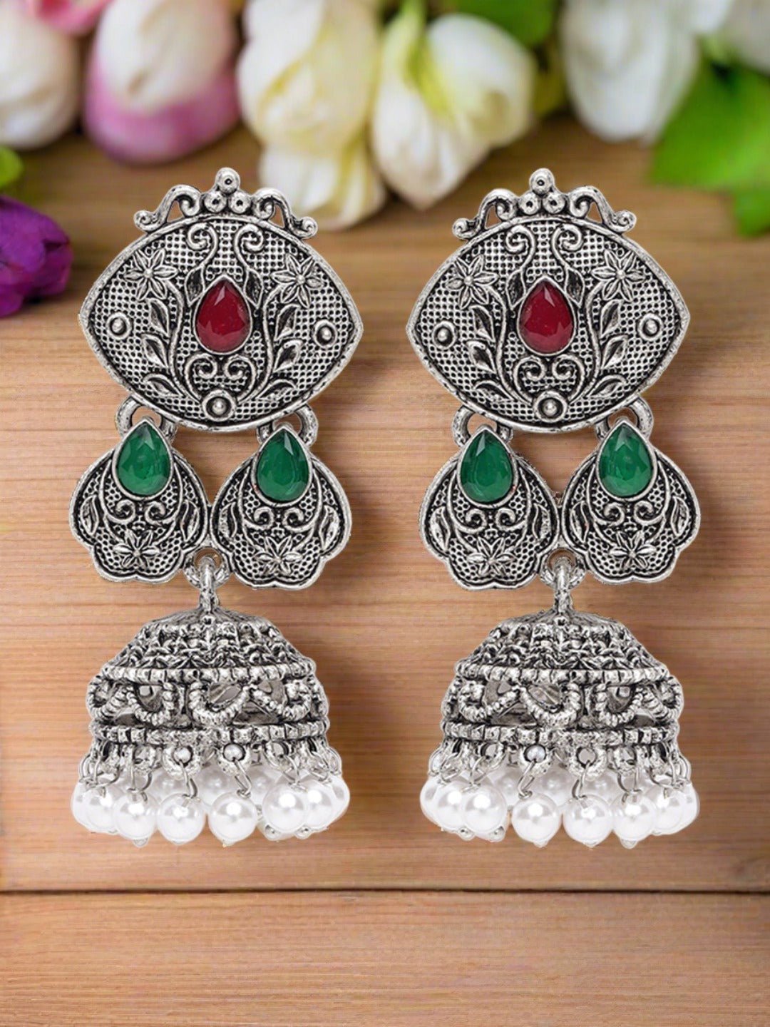 Silver-Toned Ruby & Green Oxidised Classic Drop Jhumka Earrings - Jazzandsizzle