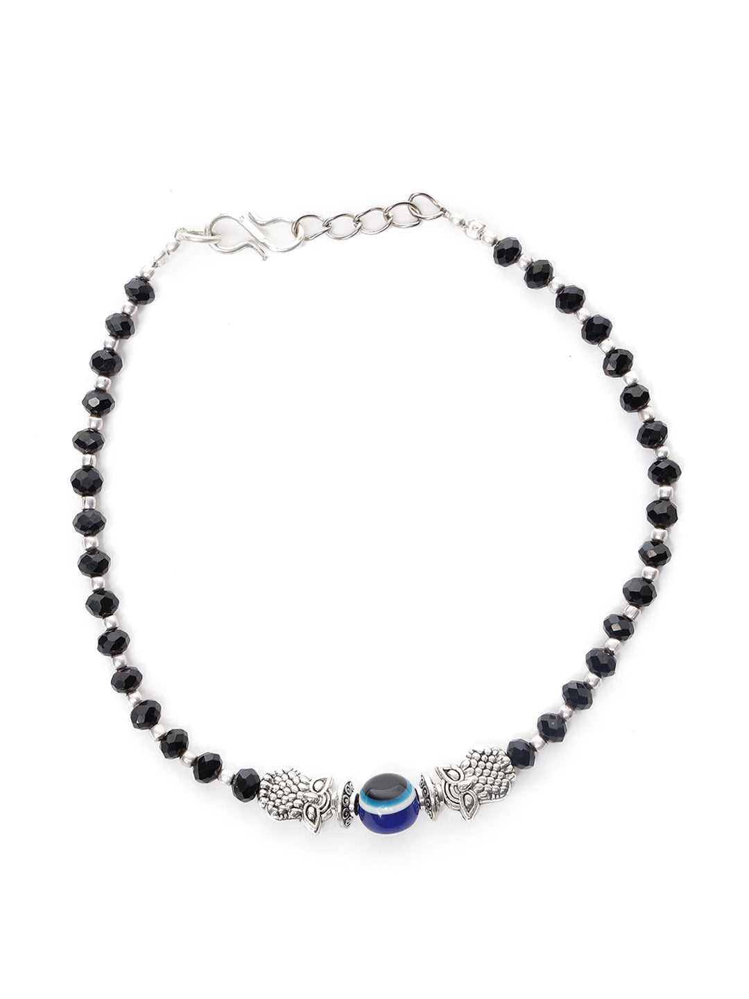 Silver-Plated & Black Beaded Handcrafted Owl & Evil Eye Anklet - Jazzandsizzle