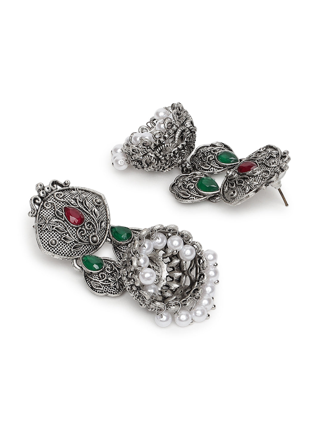 Silver-Toned Ruby & Green Oxidised Classic Drop Jhumka Earrings - Jazzandsizzle