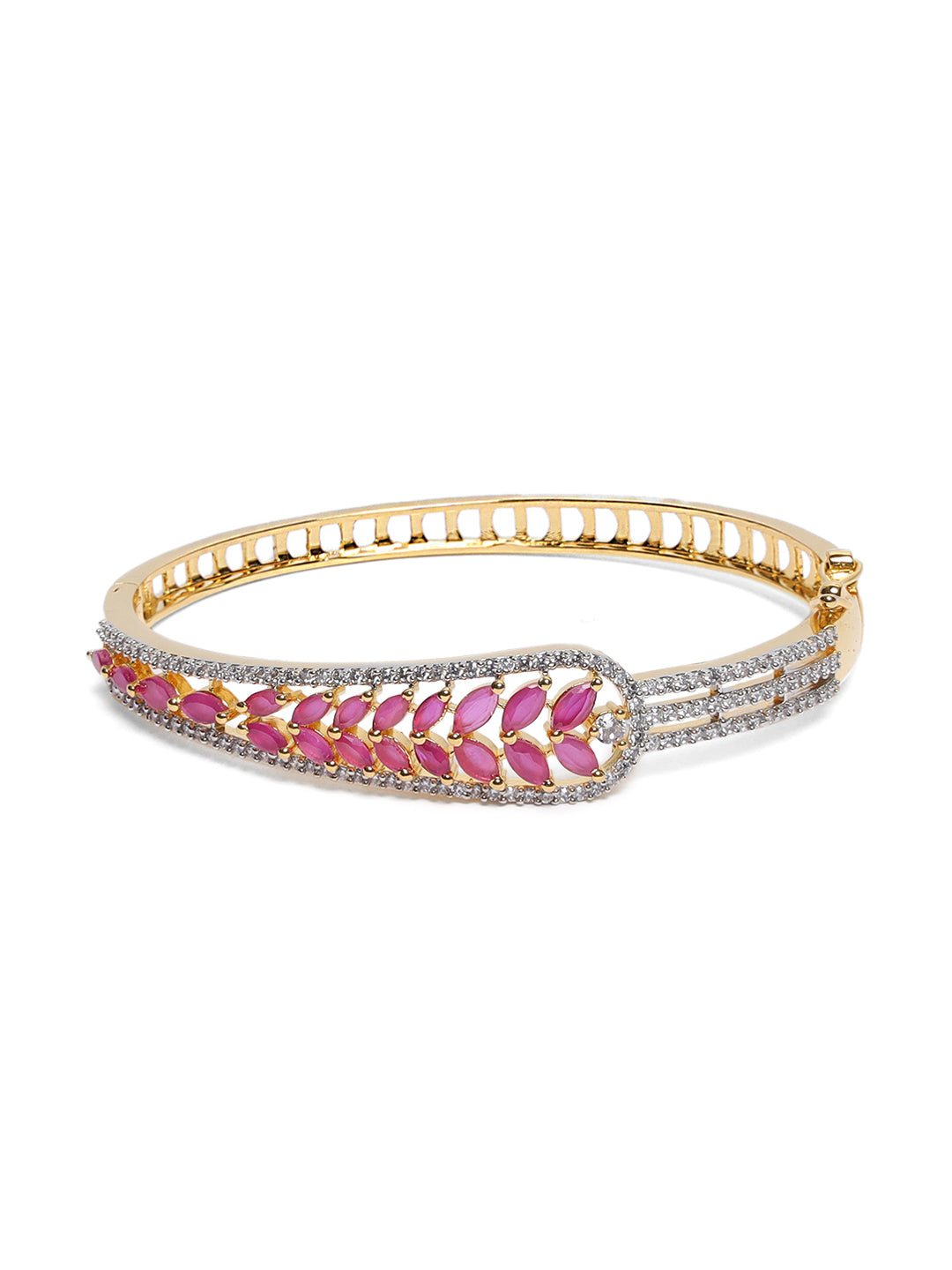 Gold-Plated American Diamond and Ruby Studded Leaf Patterned Bracelet - Jazzandsizzle