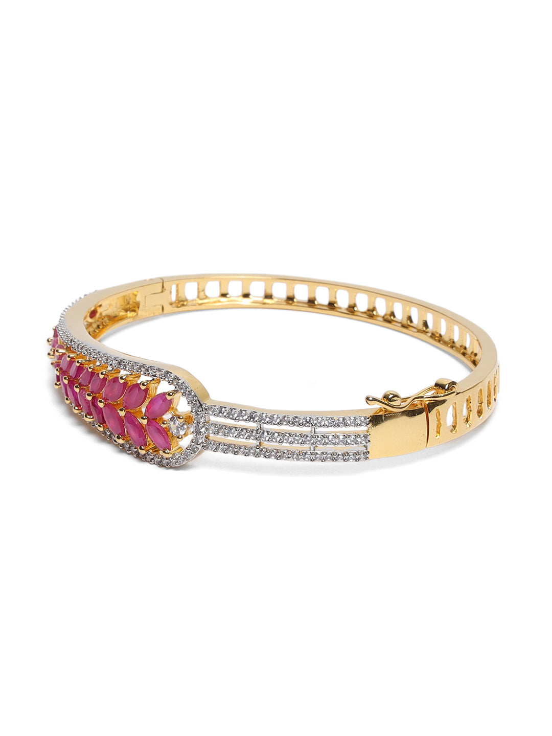 Gold-Plated American Diamond and Ruby Studded Leaf Patterned Bracelet