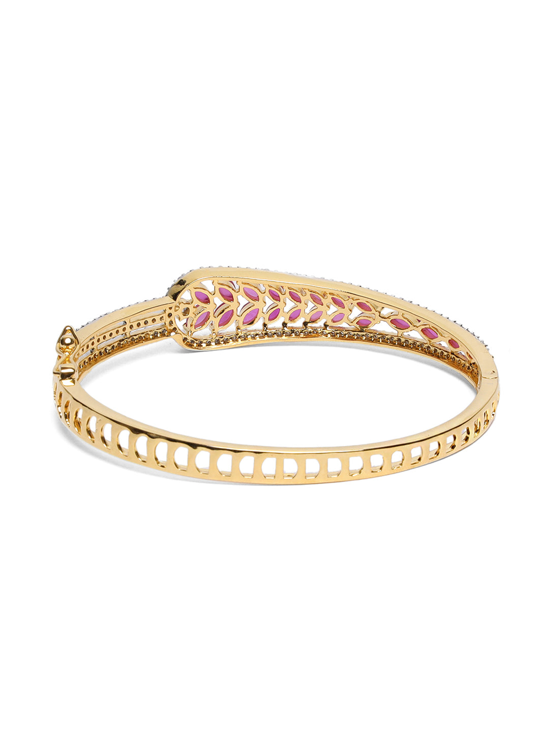 Gold-Plated American Diamond and Ruby Studded Leaf Patterned Bracelet - Jazzandsizzle