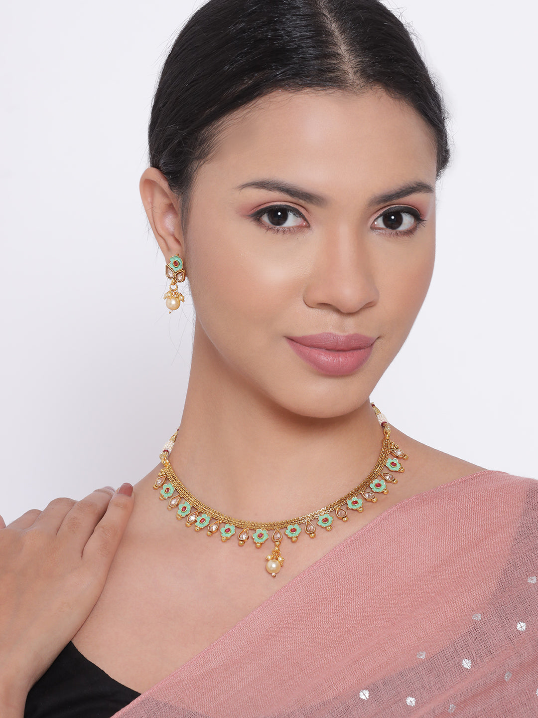 Gold Plated & White Stone Studded Green Enameled Handcrafted Jewellery Set - Jazzandsizzle