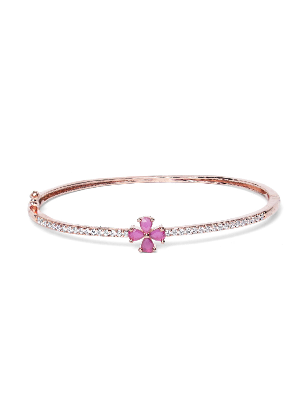 Rose Gold-Plated American Diamond and Ruby Studded Floral Patterned Bracelet - Jazzandsizzle