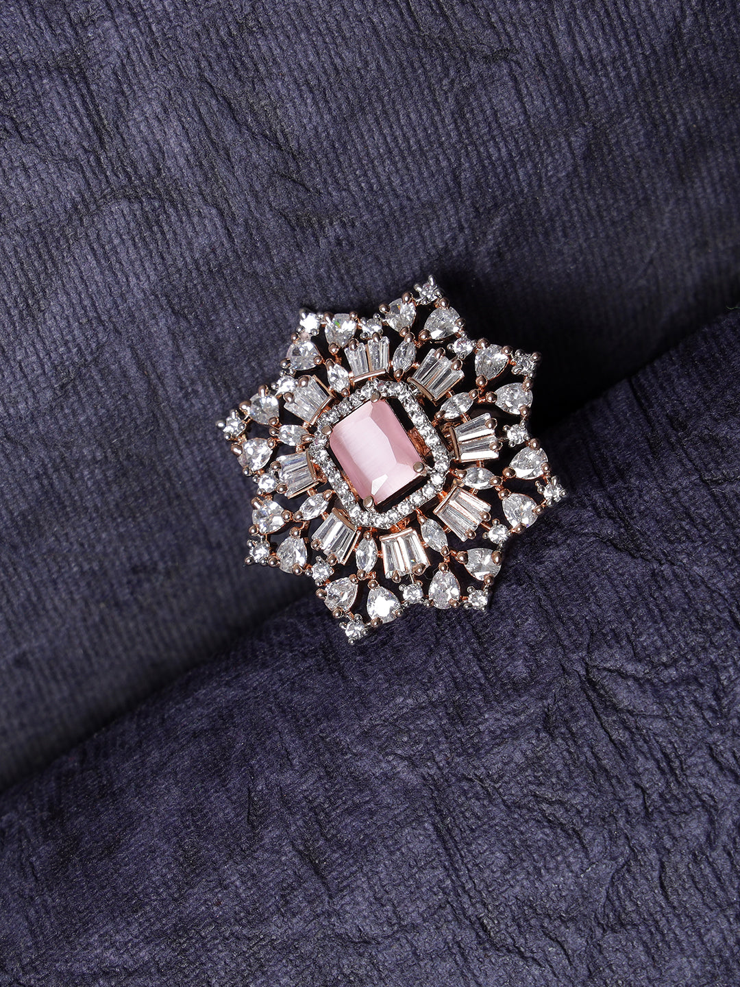 Rose Gold-Plated Pink Ruby & White AD-Studded Handcrafted Adjustable Finger Ring - Jazzandsizzle