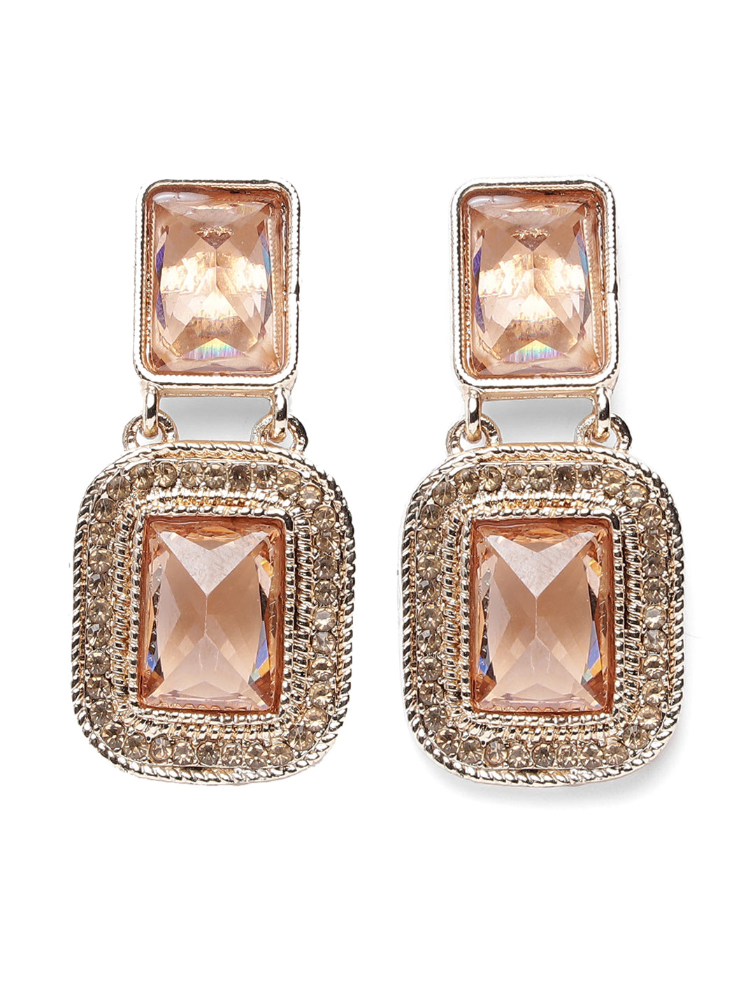 Peach stone & CZ Studded Square Shaped Drop Earrings - Jazzandsizzle