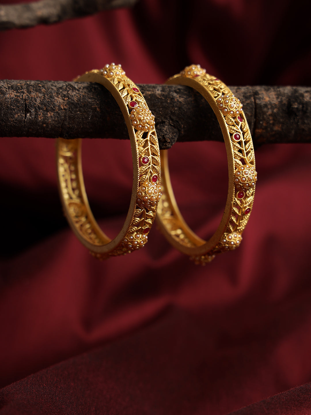 Set of 2 Gold-Plated Ruby studded Leaf Pattern Bangles - Jazzandsizzle