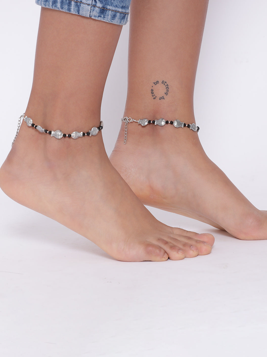 Silver-Plated & Black Beaded Handcrafted Fish Anklet - Jazzandsizzle