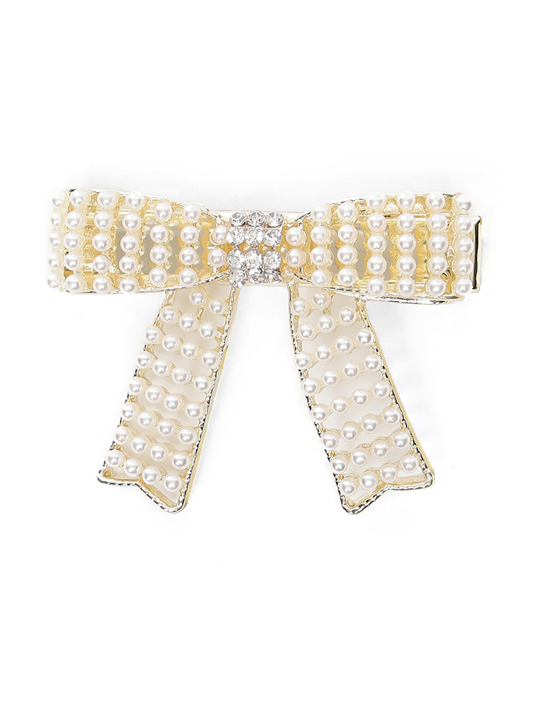 Set Of 2 Cream Coloured Pearl Studded & Crystal Floral Shape Hair Clip - Jazzandsizzle