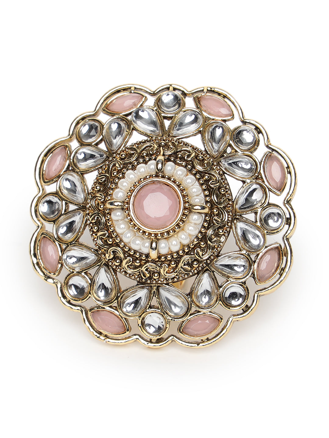 Gold-Plated Pink Kundan-Studded & beaded Adjustable Traditional Finger Ring