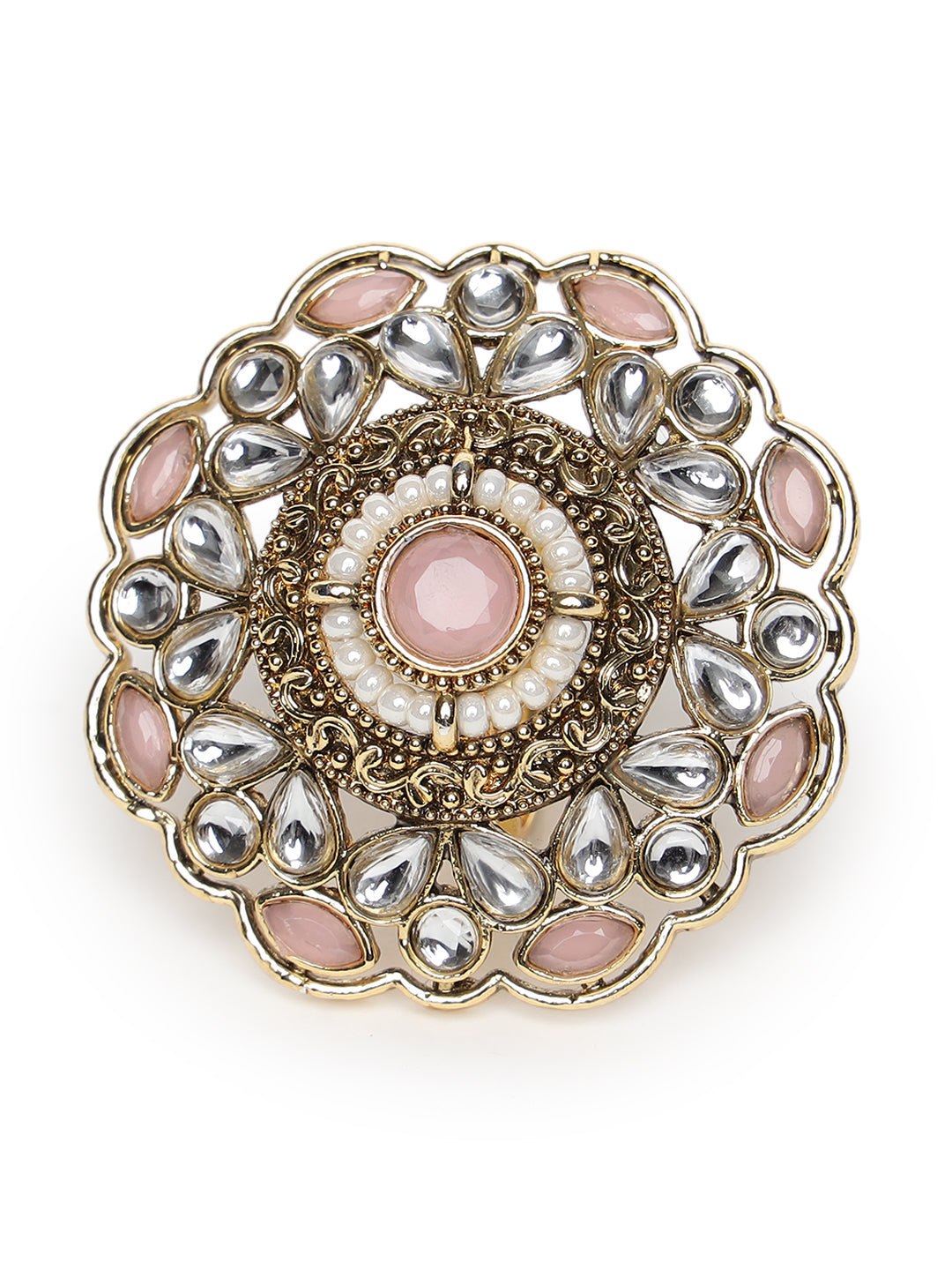 Gold-Plated Pink Kundan-Studded & beaded Adjustable Traditional Finger Ring - Jazzandsizzle