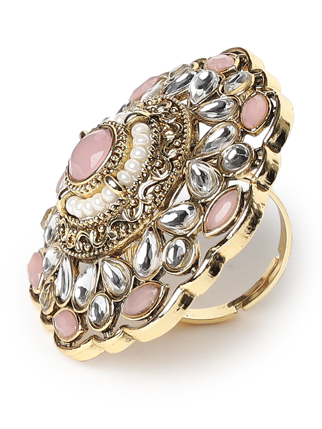 Gold-Plated Pink Kundan-Studded & beaded Adjustable Traditional Finger Ring - Jazzandsizzle